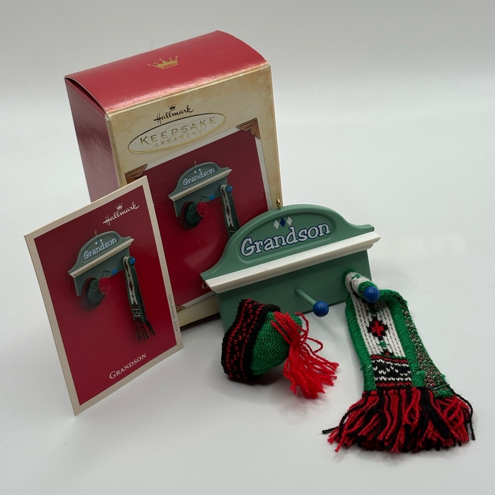 2004 Hallmark Grandson Keepsake Ornament Knit Hat & Scarf Christmas Coatrack